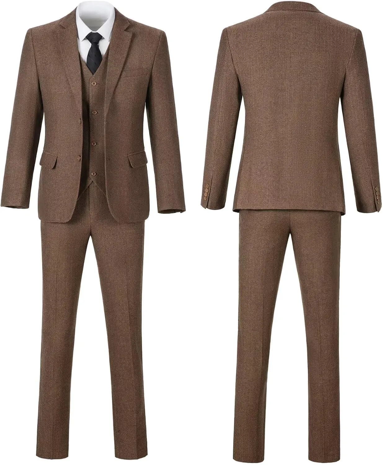 Retro 3 Piece Suit Tweed Herringbone Men's Suits Slim Fit Groom Tuxedos Set Prom Brown Grey Jacket Blazer Vest Pants