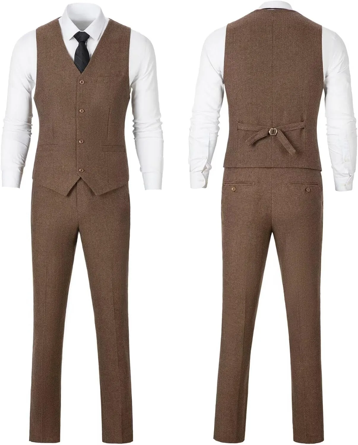 Retro 3 Piece Suit Tweed Herringbone Men's Suits Slim Fit Groom Tuxedos Set Prom Brown Grey Jacket Blazer Vest Pants
