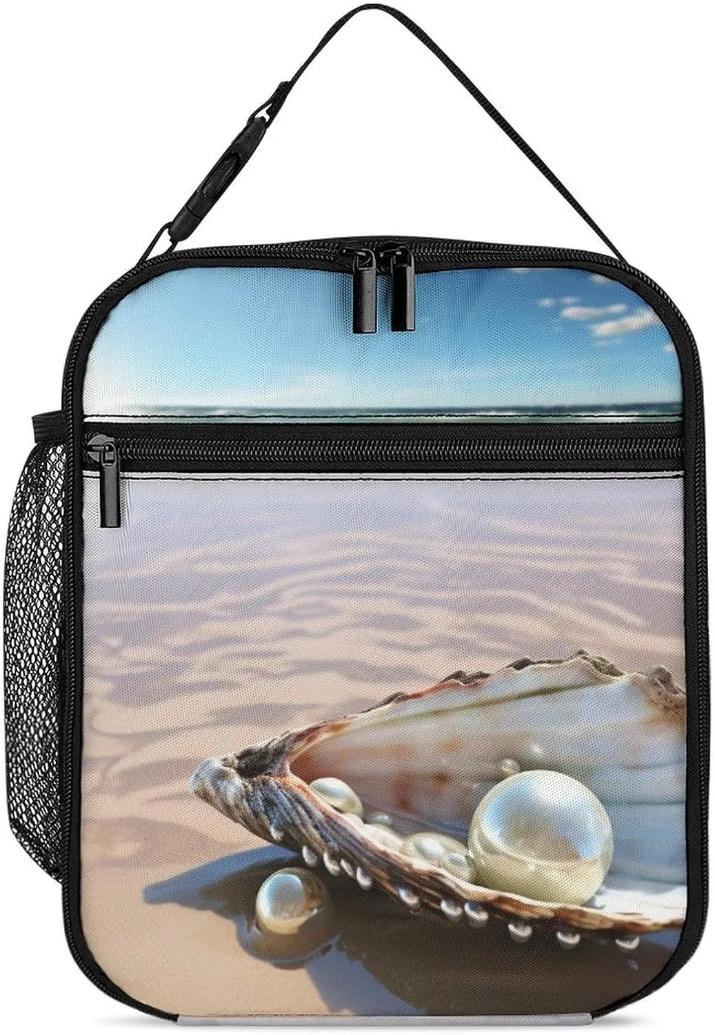 Reusable Insulated Lunch Bag Ocean Beach Mussel Pearl Leakproof Portable Lunch Box for Women Men Work Office Picnic Travel