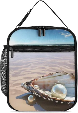 Reusable Insulated Lunch Bag Ocean Beach Mussel Pearl Leakproof Portable Lunch Box for Women Men Work Office Picnic Travel