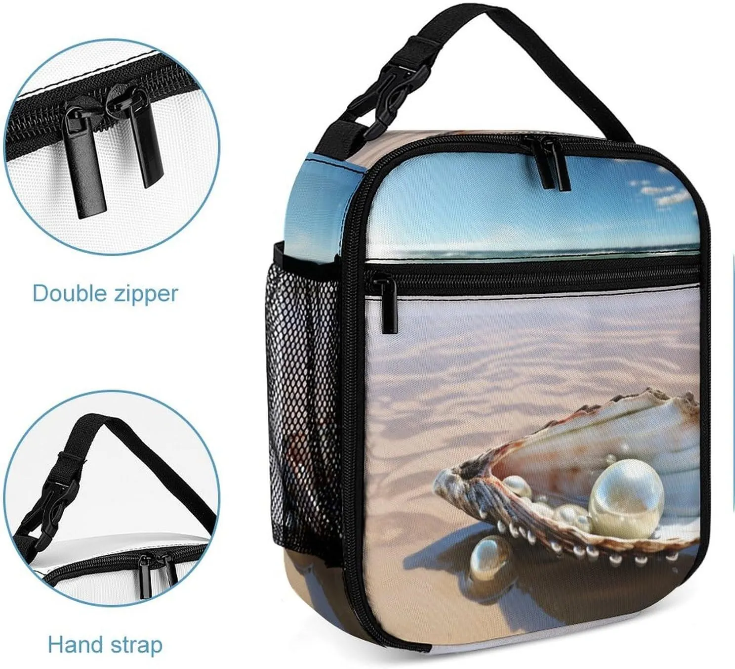 Reusable Insulated Lunch Bag Ocean Beach Mussel Pearl Leakproof Portable Lunch Box for Women Men Work Office Picnic Travel