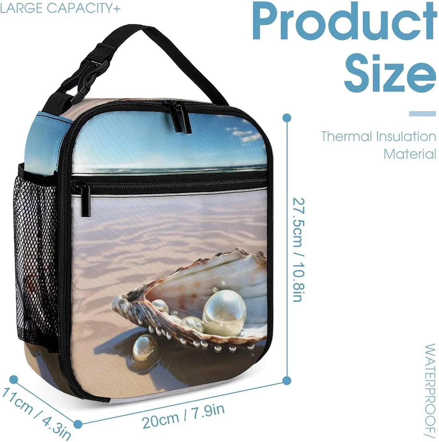 Reusable Insulated Lunch Bag Ocean Beach Mussel Pearl Leakproof Portable Lunch Box for Women Men Work Office Picnic Travel