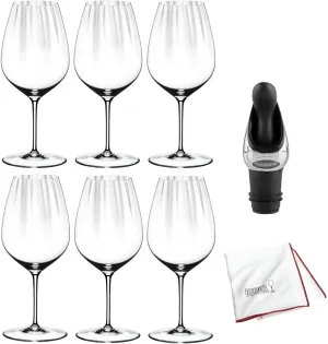 Riedel Performance Wine Glass (Cabernet, 6-Pack) Bundle with Wine Pourer and Microfiber Polishing Cloth (5 Items)