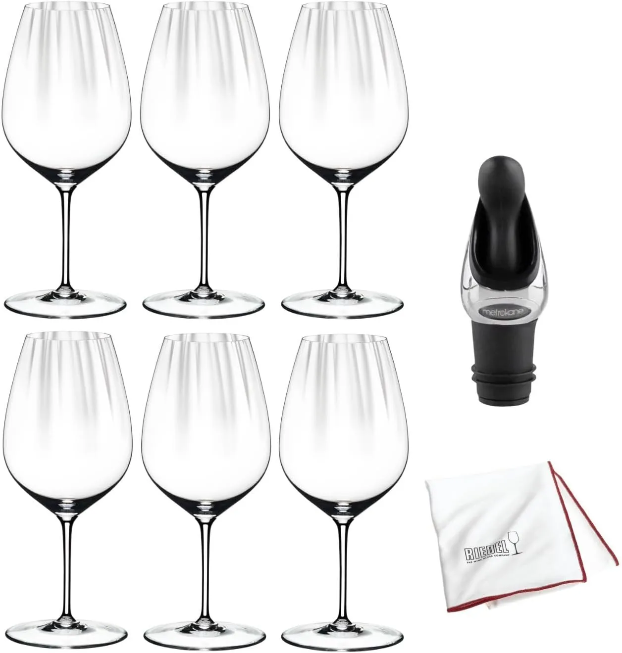 Riedel Performance Wine Glass (Cabernet, 6-Pack) Bundle with Wine Pourer and Microfiber Polishing Cloth (5 Items)