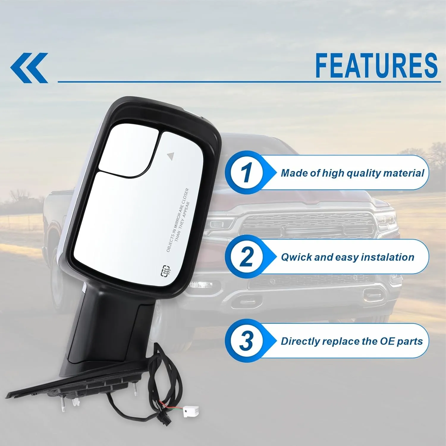 Right Passenger Side Mirror Compatible With 2019-2025 Ram 1500 With Power Folding Power Glass Heated Turn Signal Puddle Lights Blind Spot Chrome Replace#68276502AH(2 9Pins)