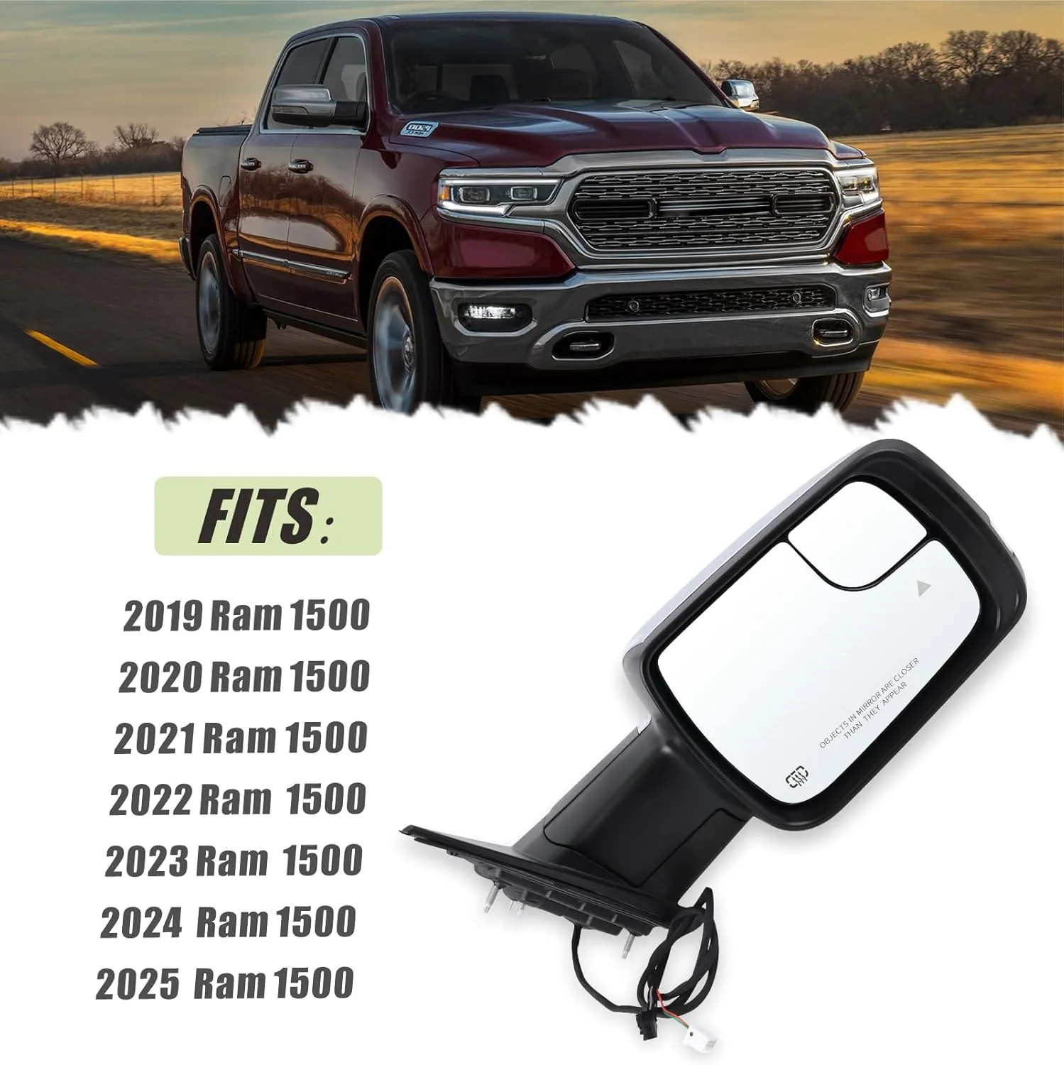 Right Passenger Side Mirror Compatible With 2019-2025 Ram 1500 With Power Folding Power Glass Heated Turn Signal Puddle Lights Blind Spot Chrome Replace#68276502AH(2 9Pins)