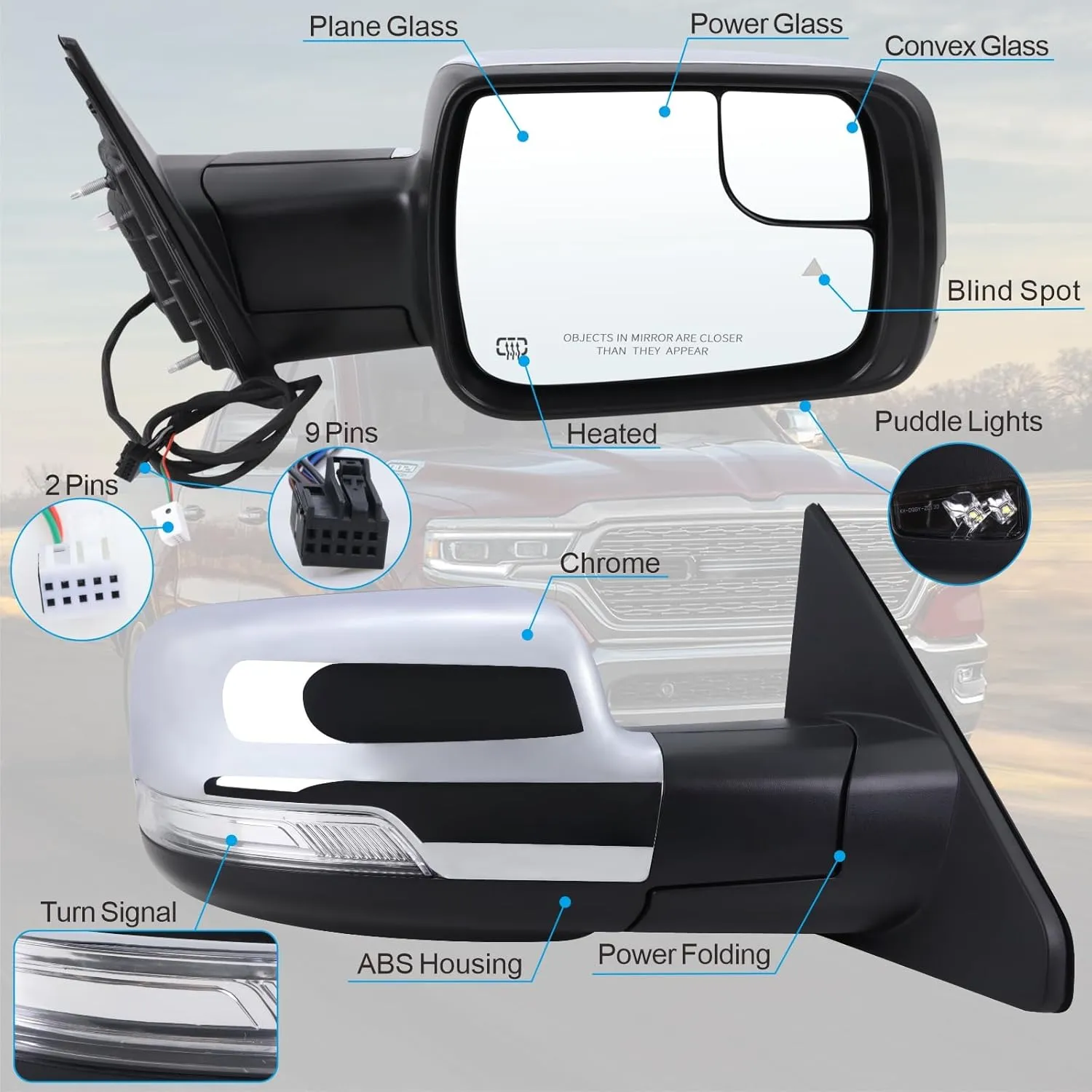 Right Passenger Side Mirror Compatible With 2019-2025 Ram 1500 With Power Folding Power Glass Heated Turn Signal Puddle Lights Blind Spot Chrome Replace#68276502AH(2 9Pins)