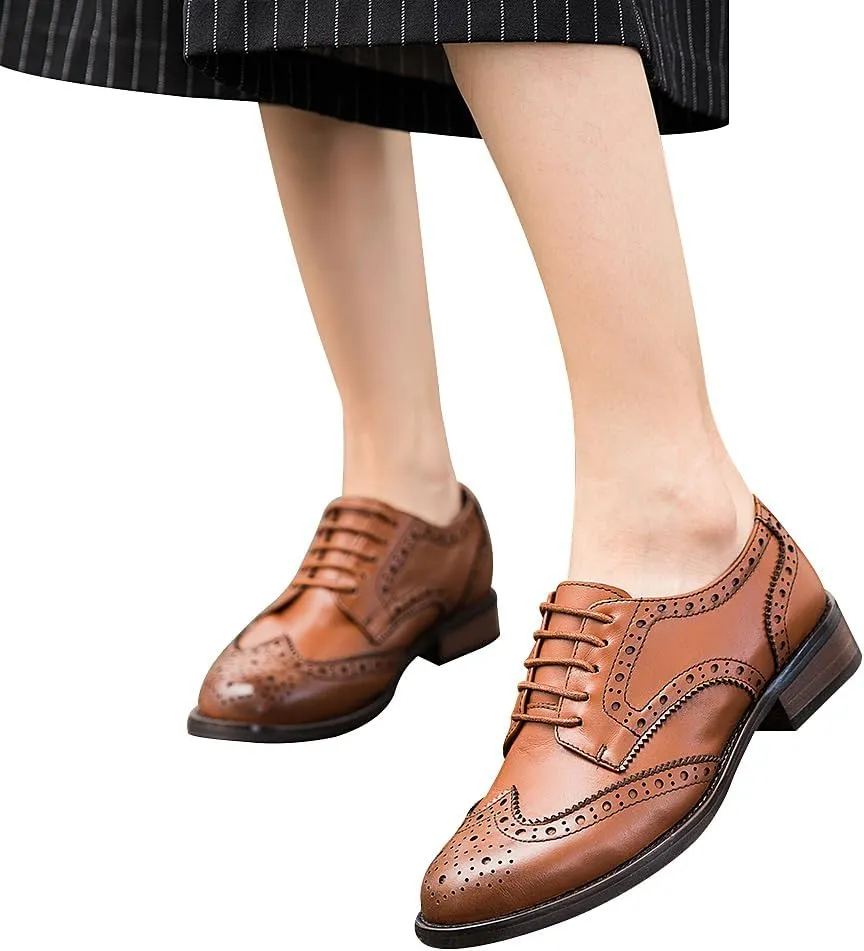 rismart Women's Brogue Pointed Toe Wingtips Work&Wedding Dress Leather Oxfords Shoes
