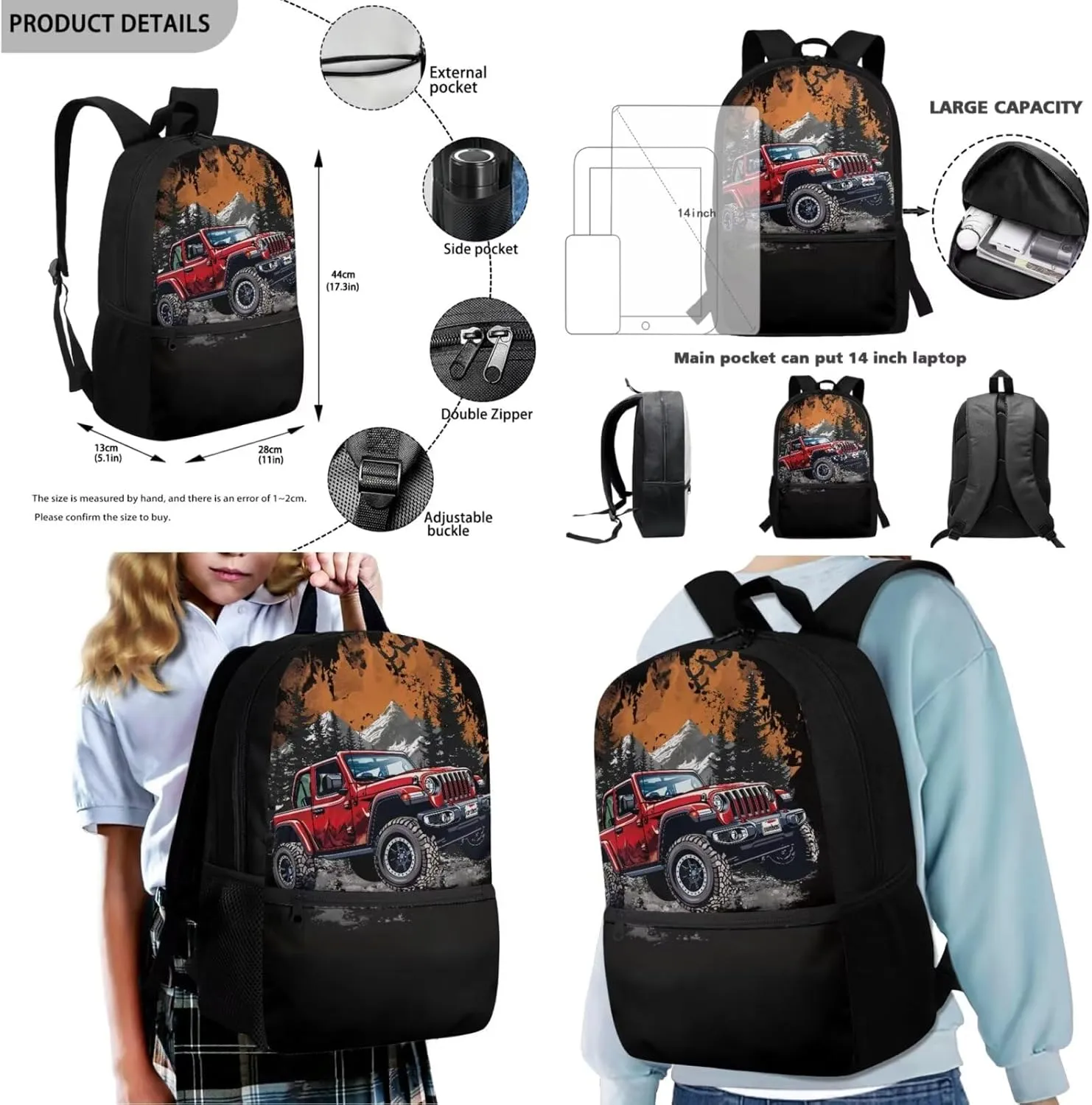 Rnyleeg Car Backpack for Boys with Lunchbox Four Piece Boys Backpack 10-12 Years Old Lightweight 15 Inch Bookbag Set for Elemenetary School Back to School Gifts for Kids