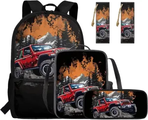 Rnyleeg Car Backpack for Boys with Lunchbox Four Piece Boys Backpack 10-12 Years Old Lightweight 15 Inch Bookbag Set for Elemenetary School Back to School Gifts for Kids