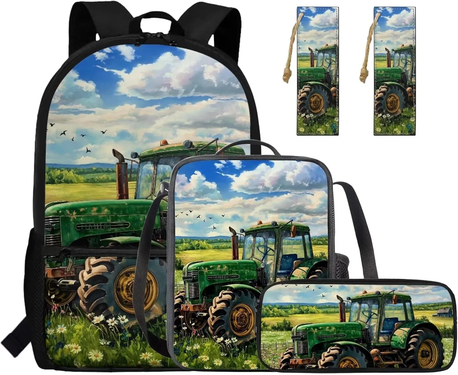 Rnyleeg Elementary Backpack for Boys Tractor Boys Backpack 10-12 Years Old with Lunch Box Lightweight 15 inch Bookbag Set 4 in 1 for Daycare Back to School Supplies Set