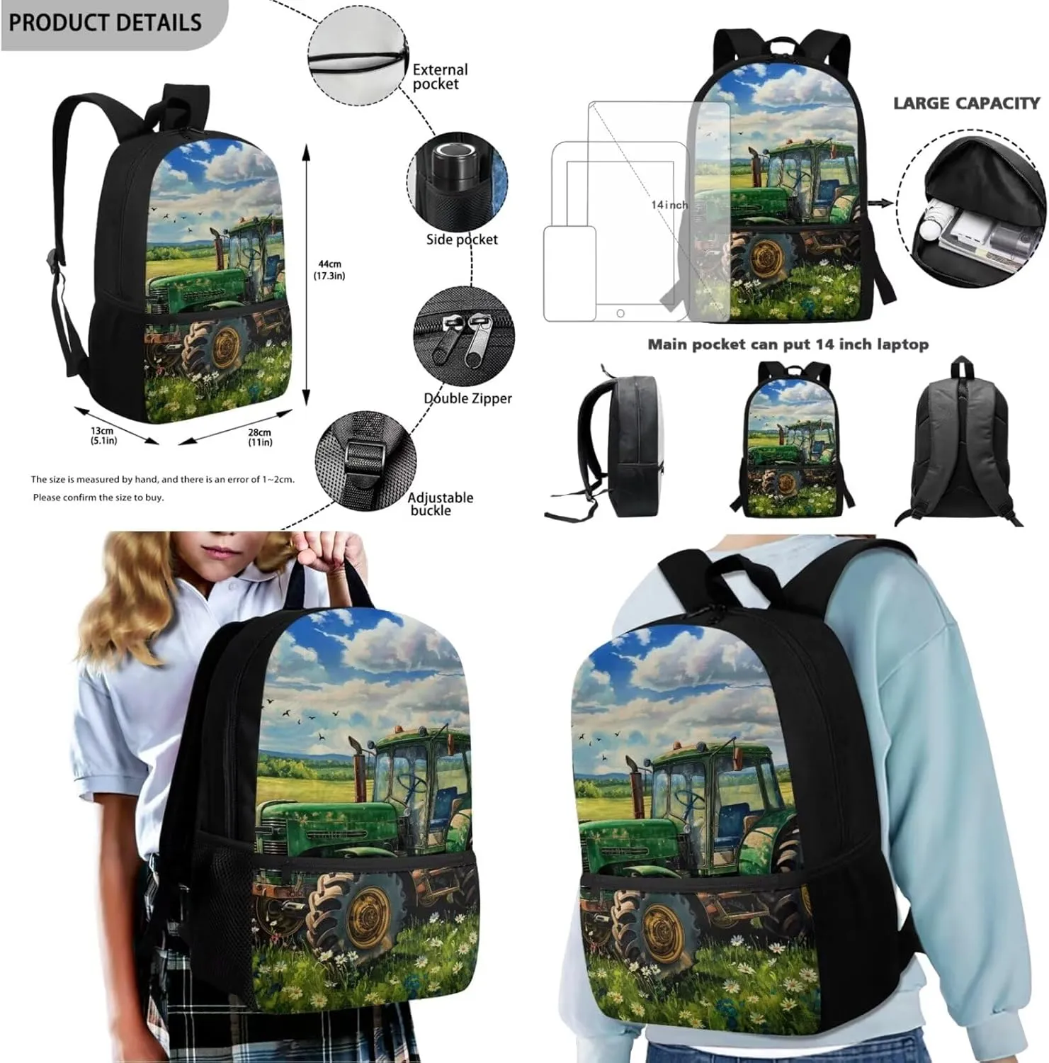 Rnyleeg Elementary Backpack for Boys Tractor Boys Backpack 10-12 Years Old with Lunch Box Lightweight 15 inch Bookbag Set 4 in 1 for Daycare Back to School Supplies Set