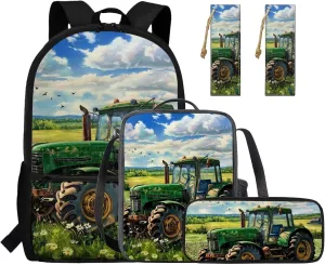 Rnyleeg Elementary Backpack for Boys Tractor Boys Backpack 10-12 Years Old with Lunch Box Lightweight 15 inch Bookbag Set 4 in 1 for Daycare Back to School Supplies Set