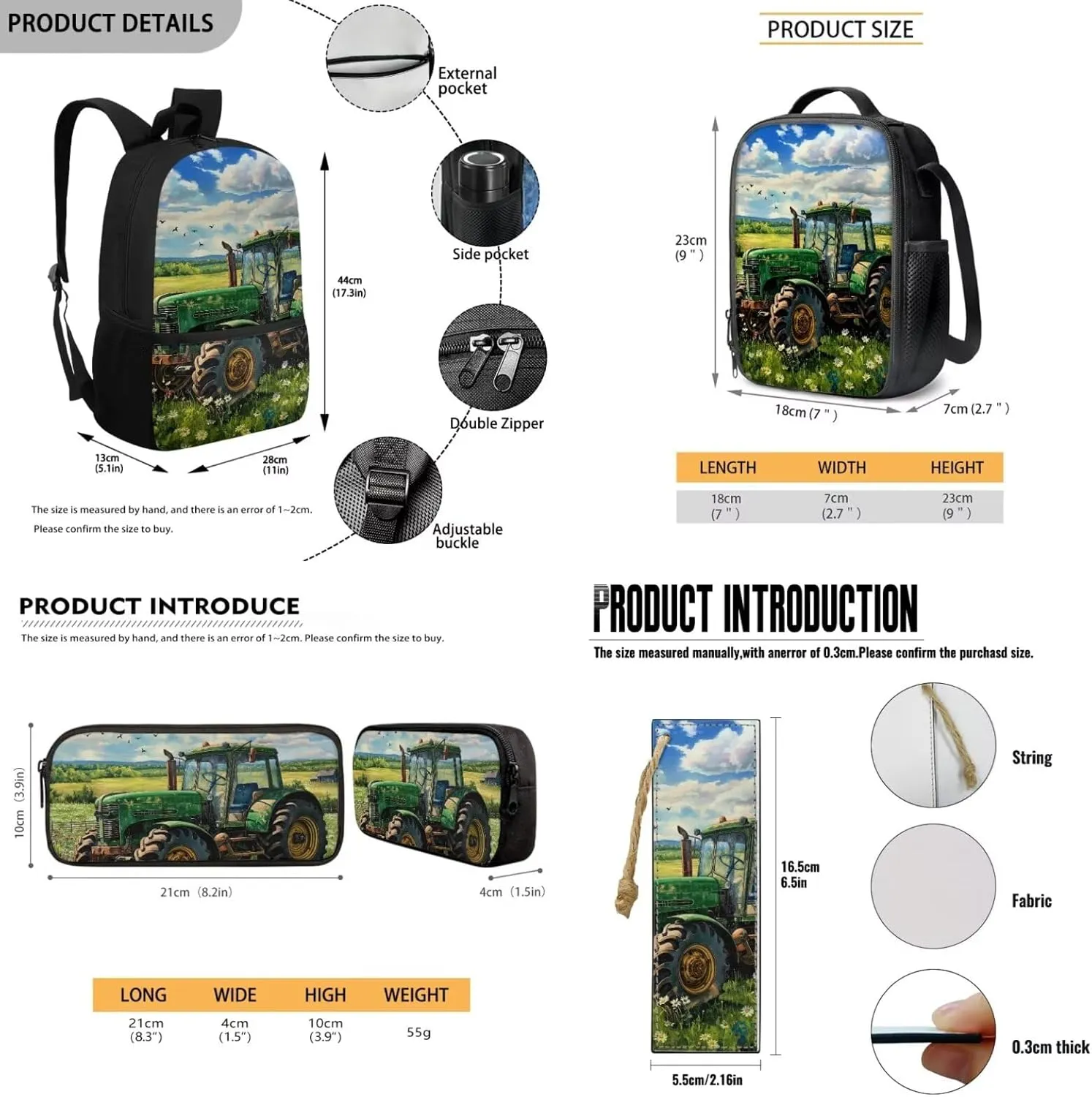 Rnyleeg Elementary Backpack for Boys Tractor Boys Backpack 10-12 Years Old with Lunch Box Lightweight 15 inch Bookbag Set 4 in 1 for Daycare Back to School Supplies Set