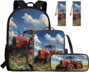 Rnyleeg Red Tractor Backpack for Boys with Lunchbox 4pcs Boys Backpack 6-8 Lightweight 15 inch School Bag Set for Elementary Back to School Supplies Casual Travel Rucksack