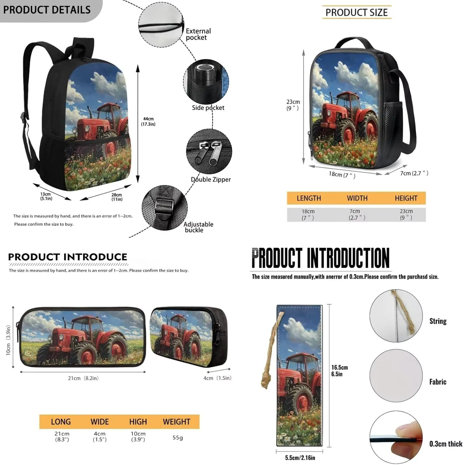 Rnyleeg Red Tractor Backpack for Boys with Lunchbox 4pcs Boys Backpack 6-8 Lightweight 15 inch School Bag Set for Elementary Back to School Supplies Casual Travel Rucksack