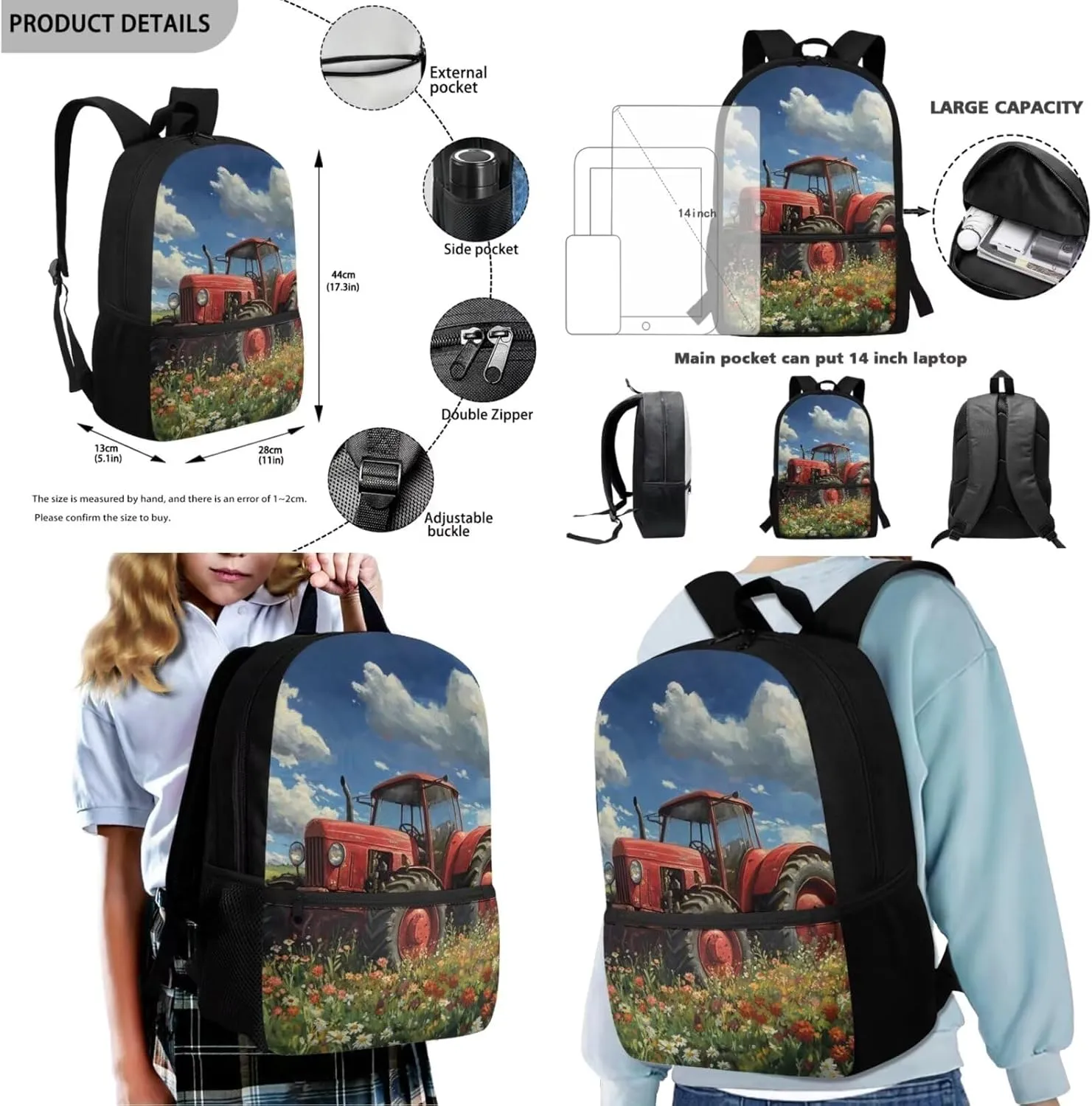 Rnyleeg Red Tractor Backpack for Boys with Lunchbox 4pcs Boys Backpack 6-8 Lightweight 15 inch School Bag Set for Elementary Back to School Supplies Casual Travel Rucksack