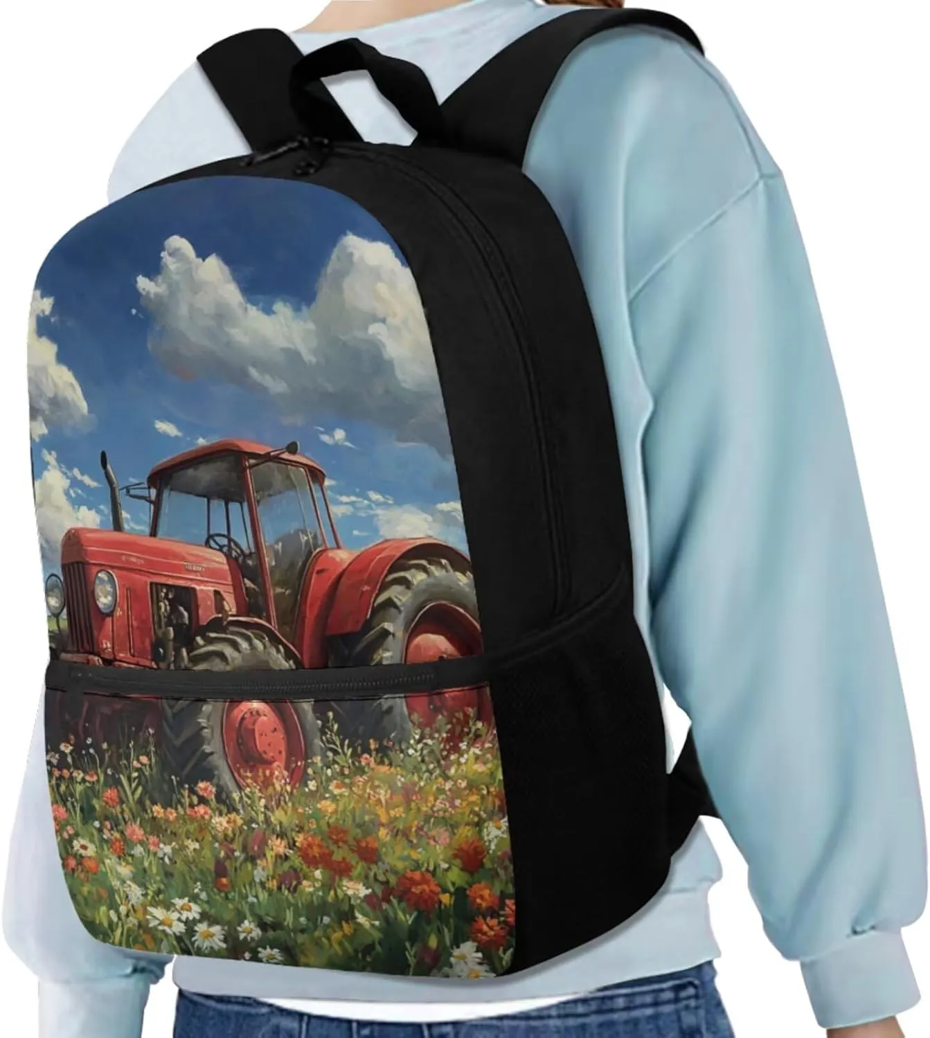 Rnyleeg Red Tractor Backpack for Boys with Lunchbox 4pcs Boys Backpack 6-8 Lightweight 15 inch School Bag Set for Elementary Back to School Supplies Casual Travel Rucksack