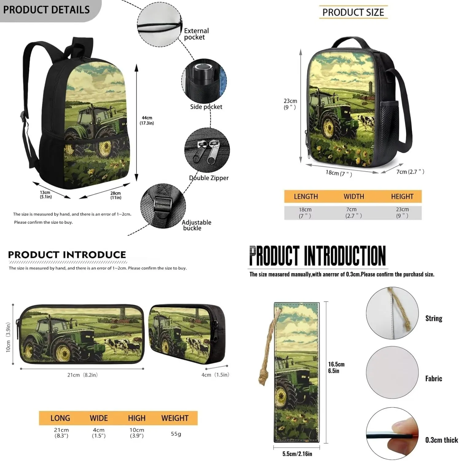 Rnyleeg Tractor Primary Backpack for Boys 4 Pcs Boys Bookbag Ages 8-10 with Lunchbox 15 inch School Backpack for Elementary School Supply Bag Travel Book Bag Casual Daypack