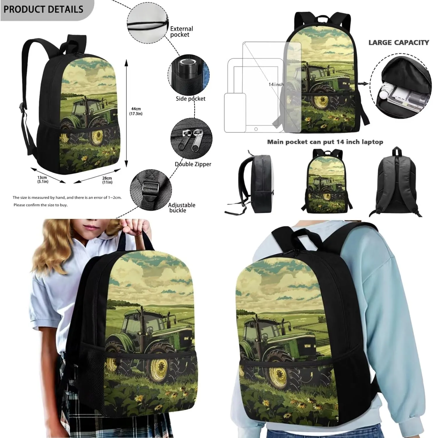 Rnyleeg Tractor Primary Backpack for Boys 4 Pcs Boys Bookbag Ages 8-10 with Lunchbox 15 inch School Backpack for Elementary School Supply Bag Travel Book Bag Casual Daypack