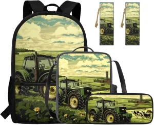 Rnyleeg Tractor Primary Backpack for Boys 4 Pcs Boys Bookbag Ages 8-10 with Lunchbox 15 inch School Backpack for Elementary School Supply Bag Travel Book Bag Casual Daypack