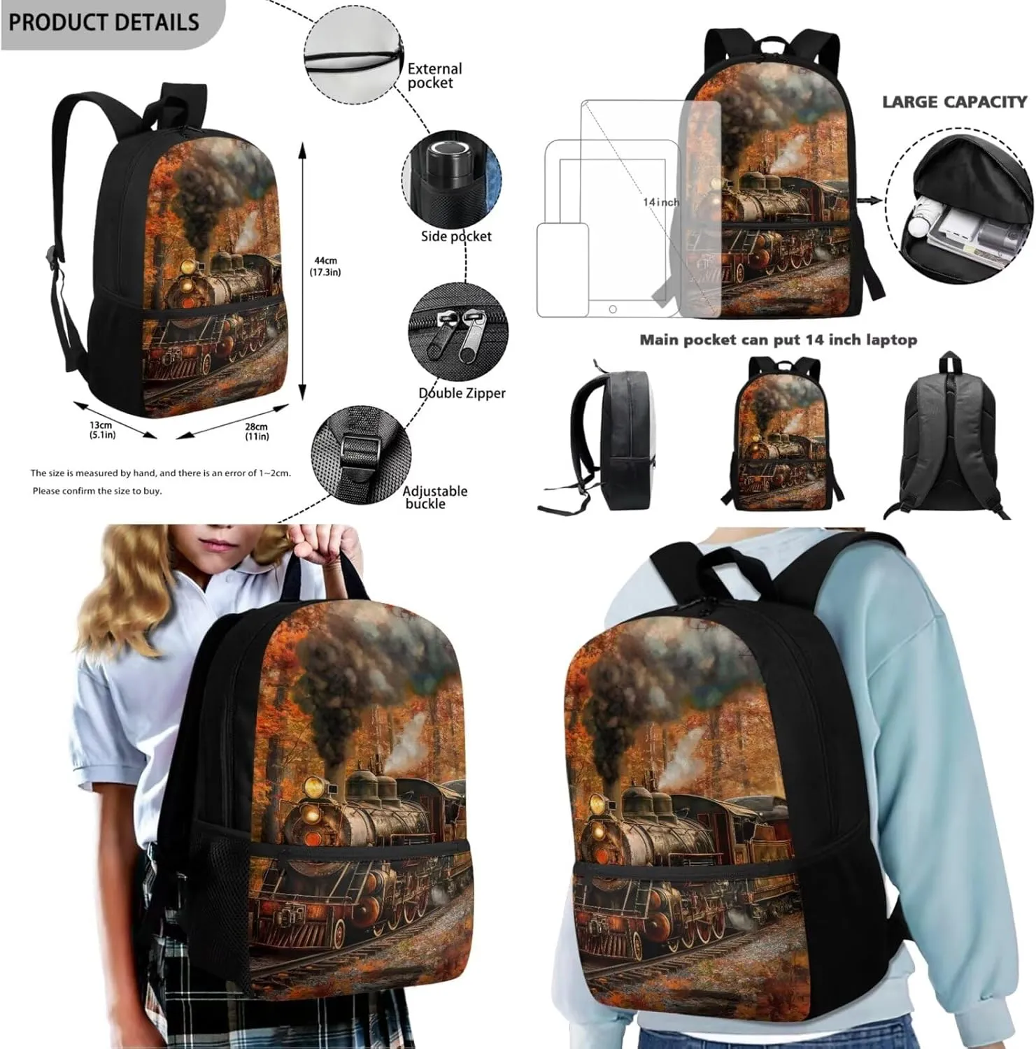 Rnyleeg Vintage Trian Backpack for Boys 6-8 Elementary Backpack with Lunch Bag 15 Inch Book Bag for Primary Boys 4 in 1 School Supplies Set Casual Daycare Sackpack