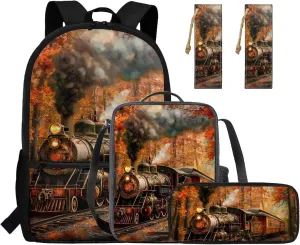 Rnyleeg Vintage Trian Backpack for Boys 6-8 Elementary Backpack with Lunch Bag 15 Inch Book Bag for Primary Boys 4 in 1 School Supplies Set Casual Daycare Sackpack