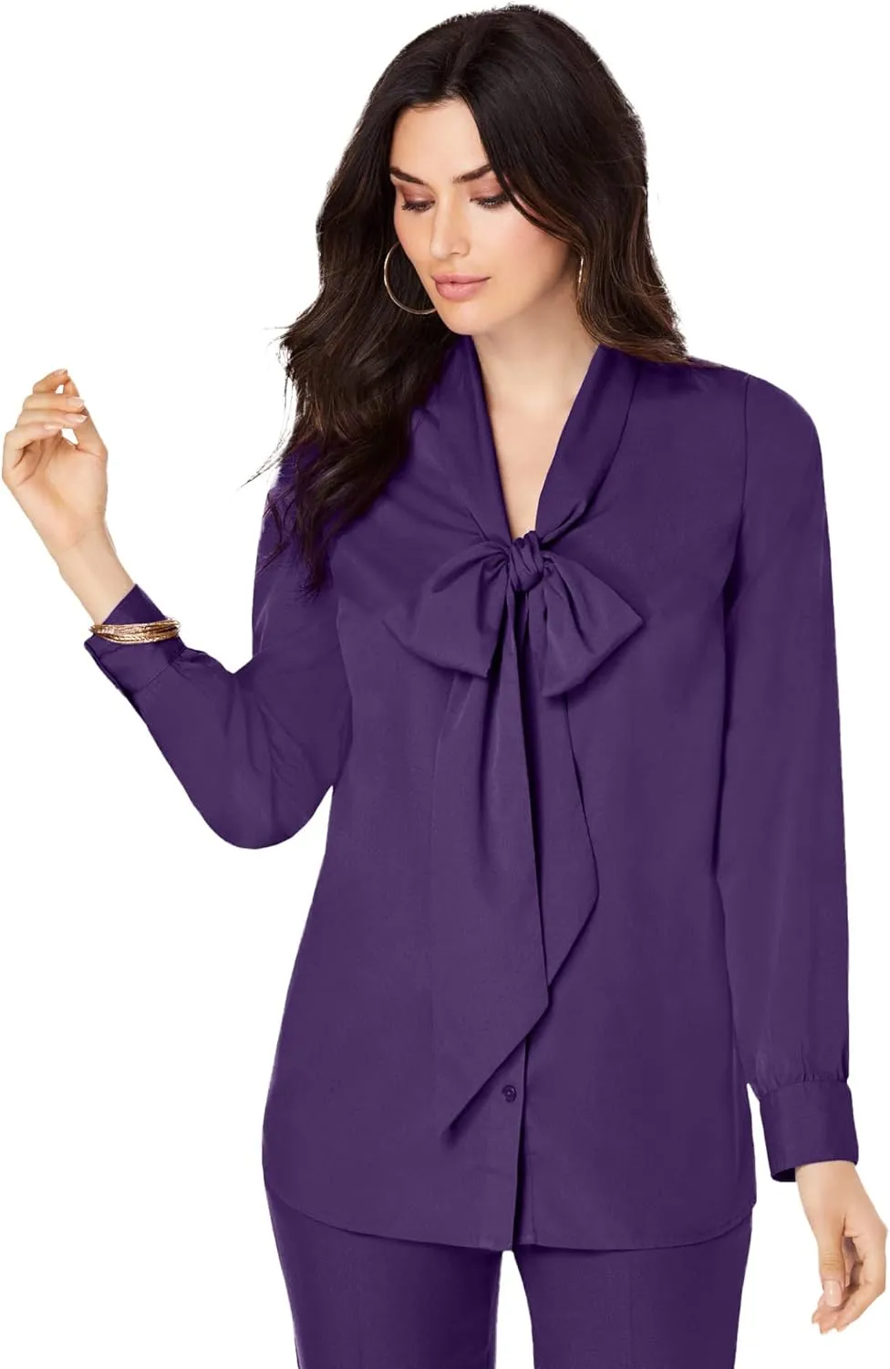 Roaman's Women's Plus Size Long Sleeve Bow Blouse
