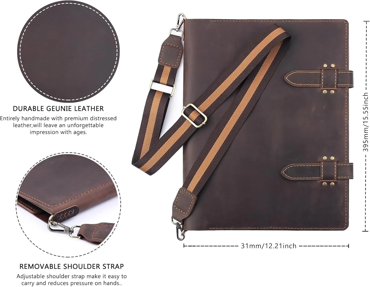 Robrasim Handmade Leather Sketchbook Cover, Artist Sketch Pad Holder for 11"X14" Top Spiral Bound Sketchbook, Drawing Book Pencil Case, Journal Portfolio with Shoulder Strap, Artist Gifts,Coffee