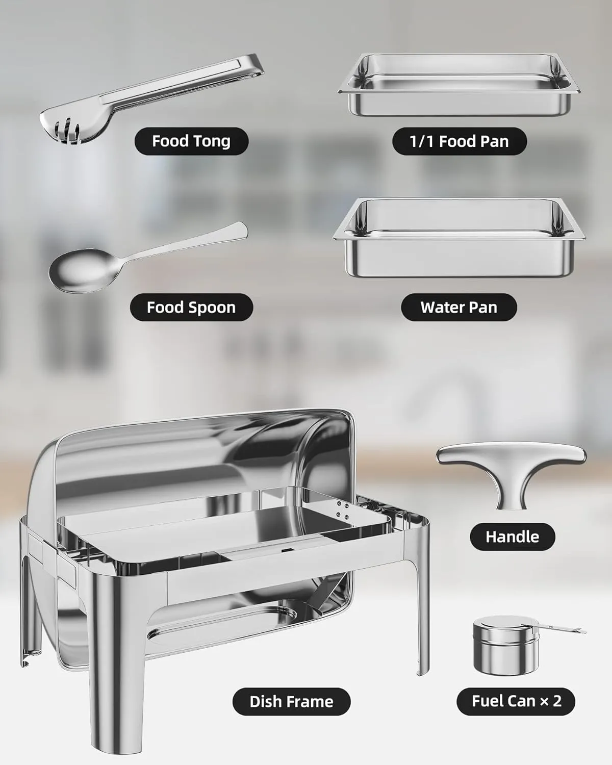 Roll Top Chafing Dish Buffet, 9QT Food-Grade Stainless Steel Commercial Chafer for Catering, Parties, and Weddings, 1 Full Size Pan