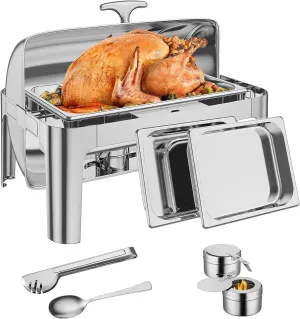 Roll Top Chafing Dish Buffet, 9QT Food-Grade Stainless Steel Commercial Chafer for Catering, Parties, and Weddings, 1 Full Size Pan