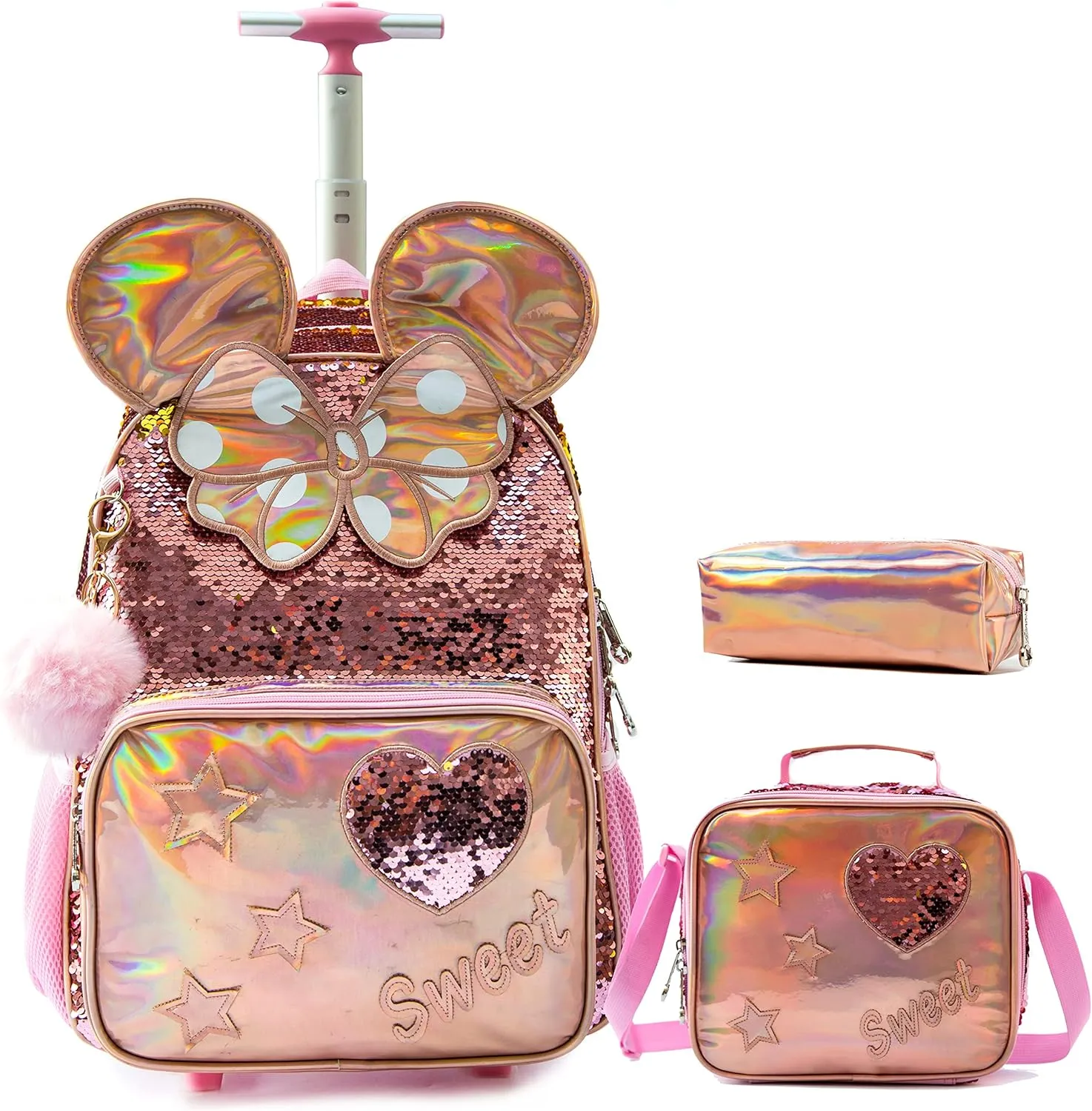 Rolling Backpack for Girls Backpack with Wheels Lunch Box and Pencil Bag Adjustable Length Sequins Wheeled Backpack for School Travel Picnic