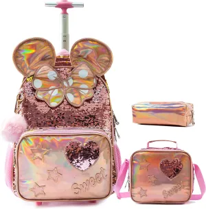 Rolling Backpack for Girls Backpack with Wheels Lunch Box and Pencil Bag Adjustable Length Sequins Wheeled Backpack for School Travel Picnic