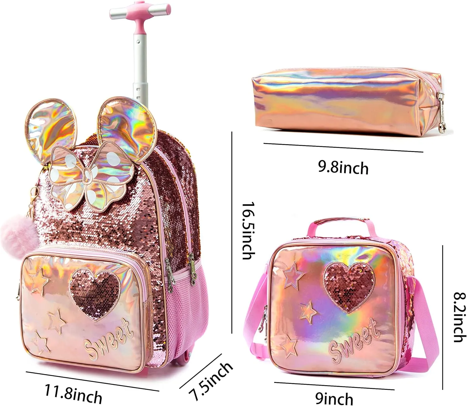 Rolling Backpack for Girls Backpack with Wheels Lunch Box and Pencil Bag Adjustable Length Sequins Wheeled Backpack for School Travel Picnic