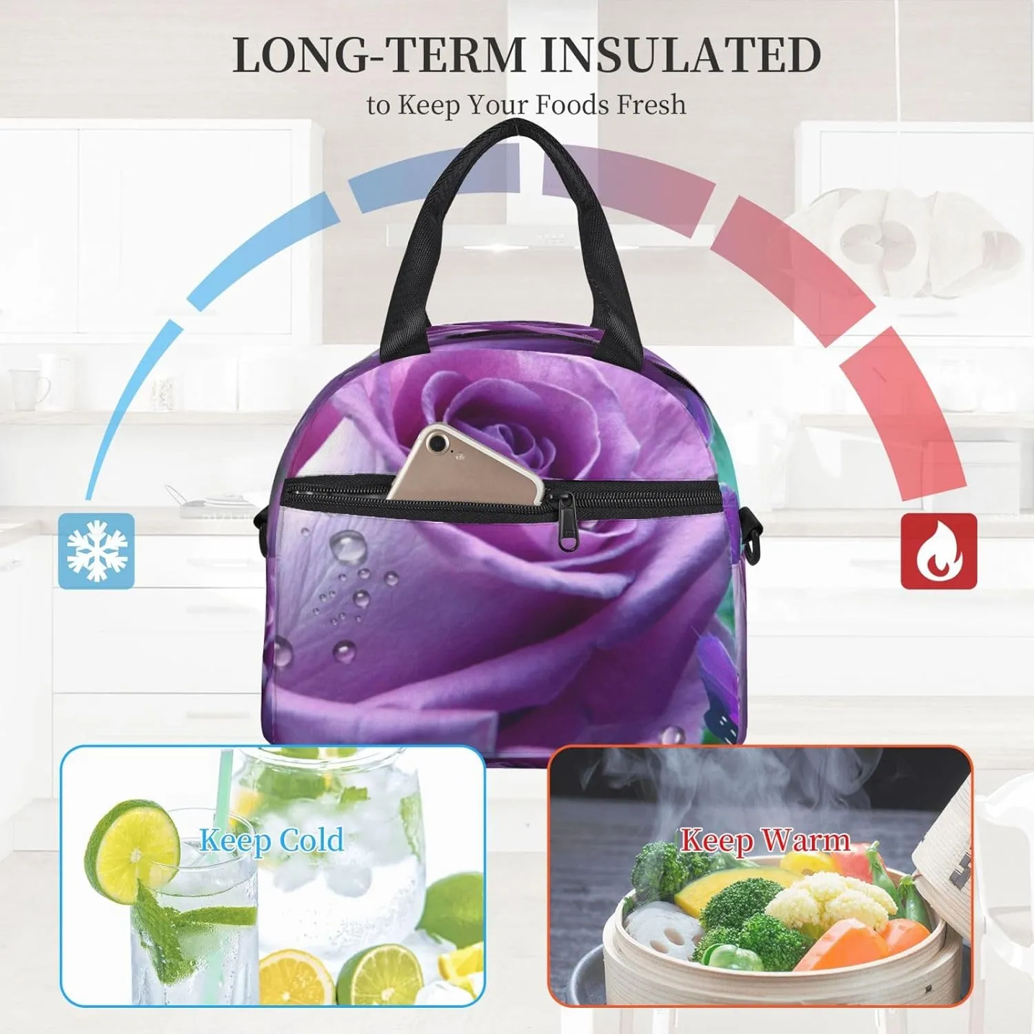Rose Saucer Lunch Bag Hand Tote Crossbody Insulated Lunch Bag Large Portable Lunch Box