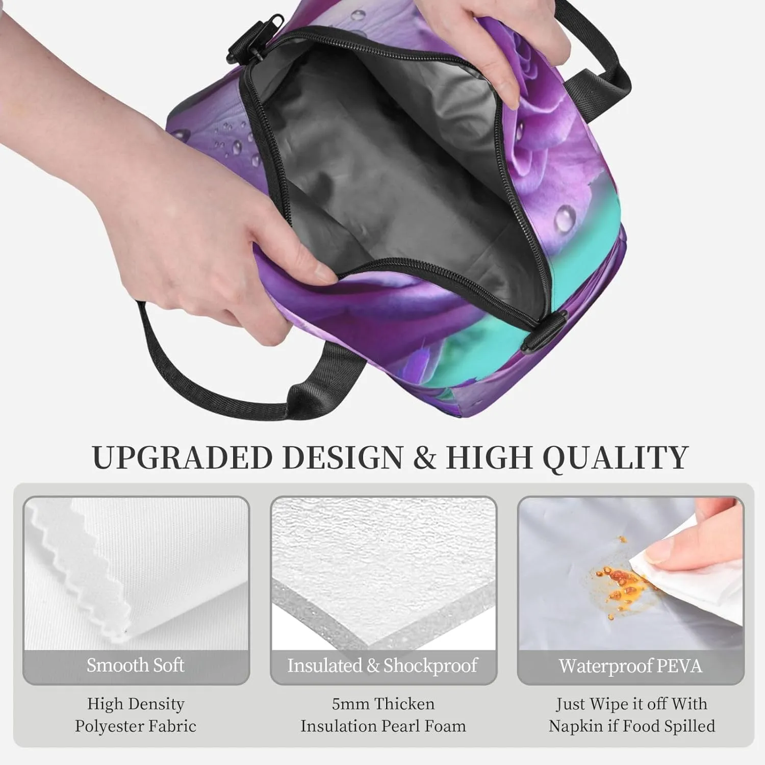 Rose Saucer Lunch Bag Hand Tote Crossbody Insulated Lunch Bag Large Portable Lunch Box