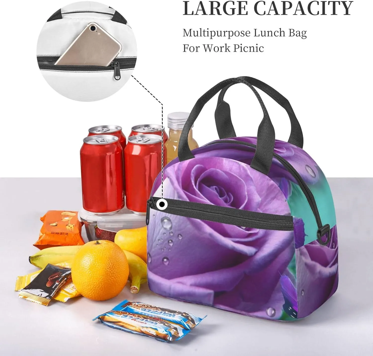 Rose Saucer Lunch Bag Hand Tote Crossbody Insulated Lunch Bag Large Portable Lunch Box