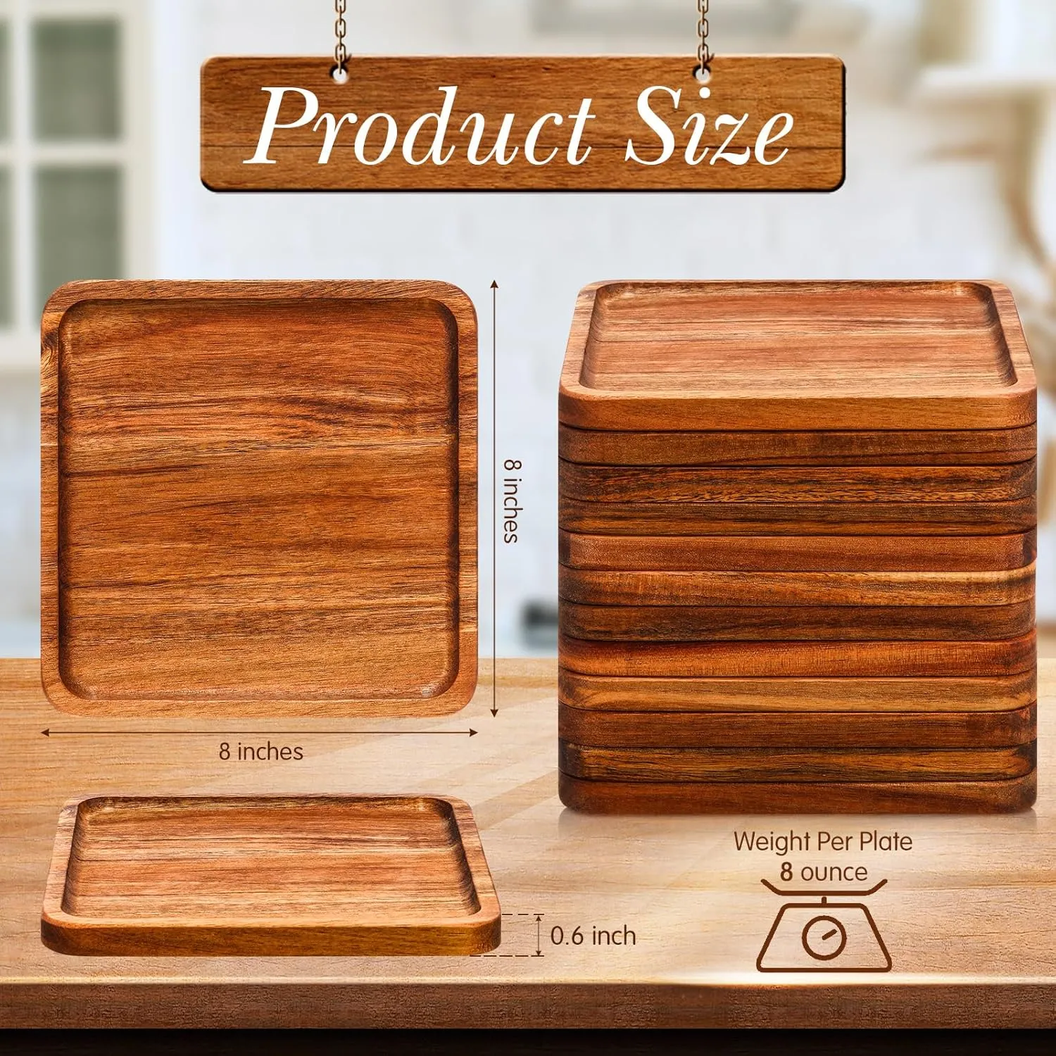 Roshtia 12 Pcs Wooden Plates 8 Inch Square Acacia Wood Charcuterie Board Wedding Dinner Serving Tray Charger Appetizer Kitchen Platter Cheese Steak Tableware Gifts for Snack Dessert Salad Fruit Meat