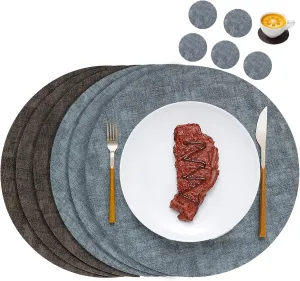 Round Leather Placemats Set of 6-Heat Resistant&Waterproof Cowhide Place Mats Set,Round Placemats Set of 6,Place Mats Indoor,Elegant Anti-Slip Kitchen Decor(6-Pack)