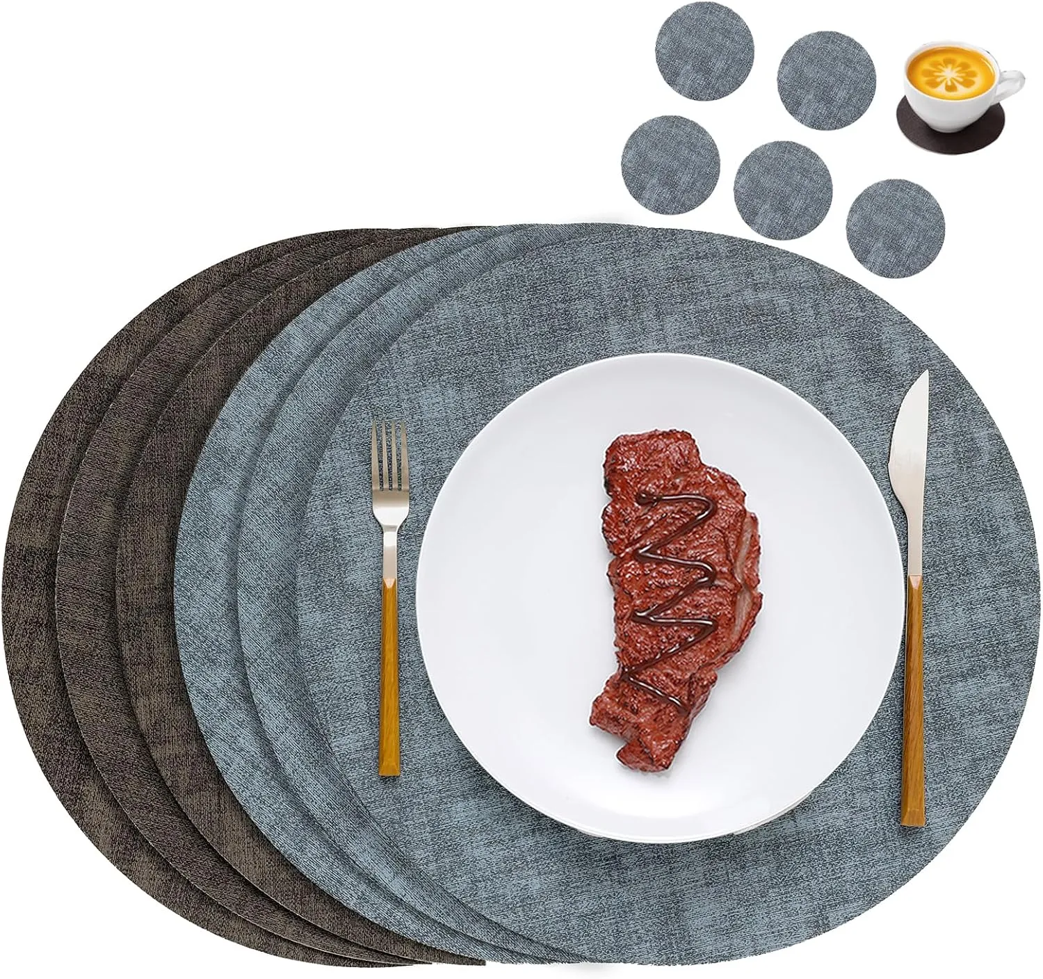 Round Leather Placemats Set of 6-Heat Resistant&Waterproof Cowhide Place Mats Set,Round Placemats Set of 6,Place Mats Indoor,Elegant Anti-Slip Kitchen Decor(6-Pack)