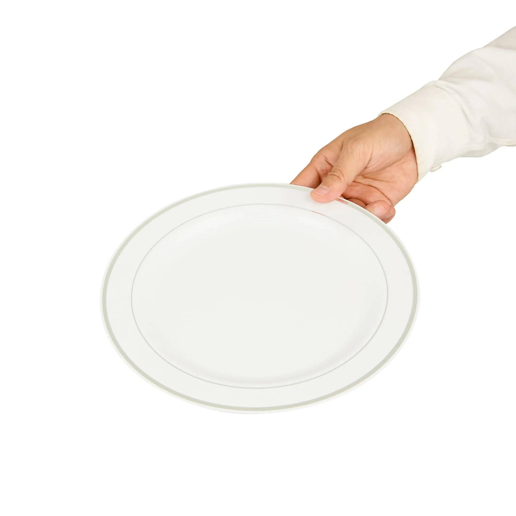 Round White Plastic Silver-Rimmed Plate - 10 1/2" x 10 1/2" x 1/2" - 100 count box