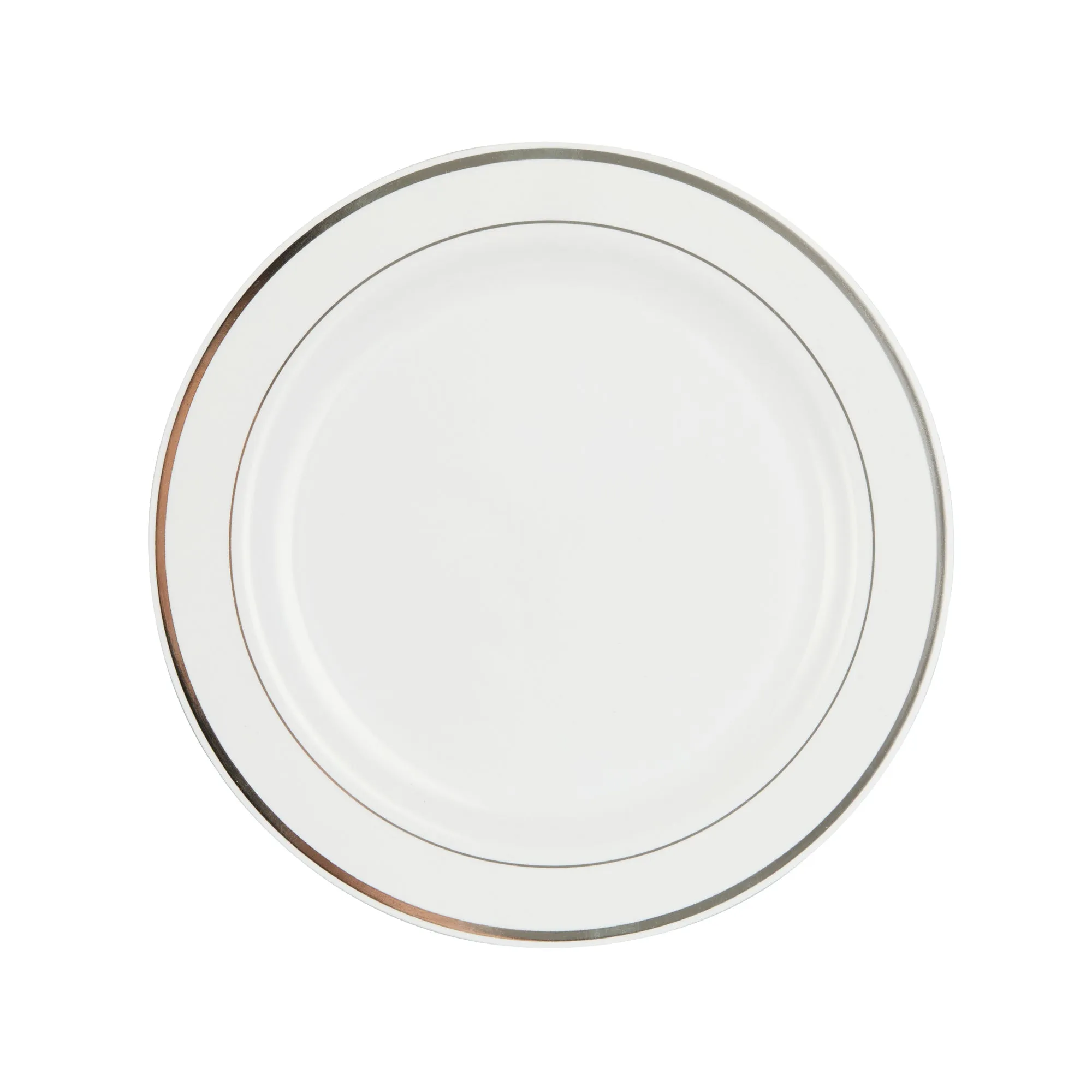 Round White Plastic Silver-Rimmed Plate - 10 1/2" x 10 1/2" x 1/2" - 100 count box