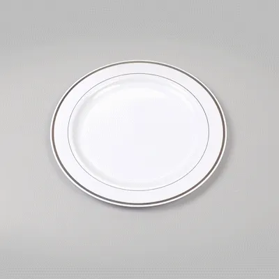 Round White Plastic Silver-Rimmed Plate - 10 1/2" x 10 1/2" x 1/2" - 100 count box