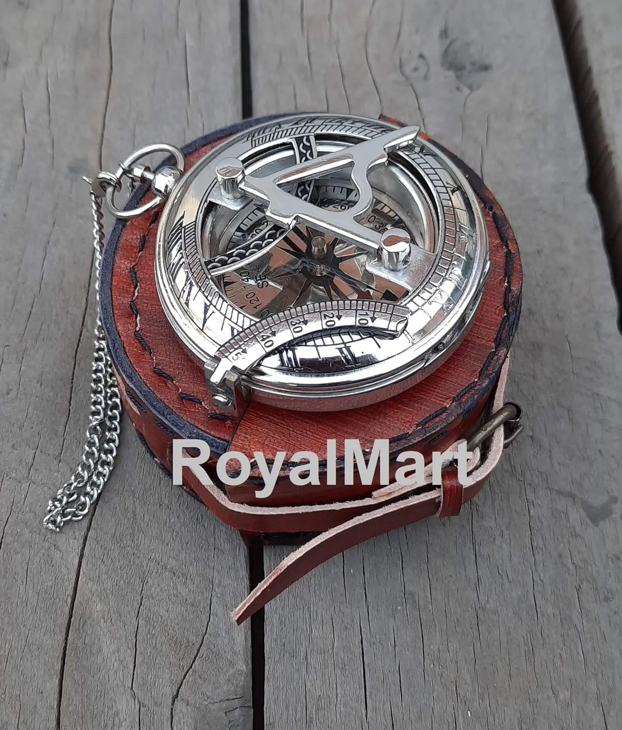 Royalmart Brass Sundial Compass with Brass Strip Push Button Open Mechanism Vintage Compass Engraved Compass Steampunk Accessory