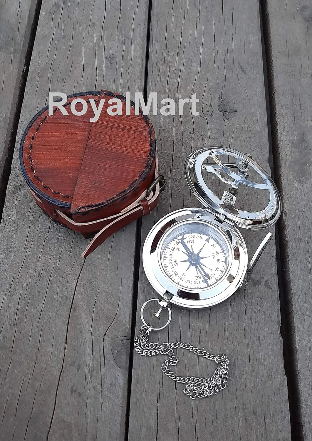 Royalmart Brass Sundial Compass with Brass Strip Push Button Open Mechanism Vintage Compass Engraved Compass Steampunk Accessory