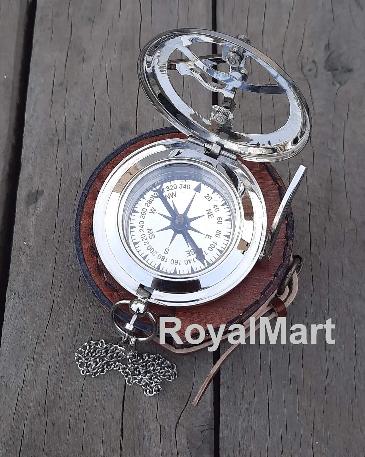 Royalmart Brass Sundial Compass with Brass Strip Push Button Open Mechanism Vintage Compass Engraved Compass Steampunk Accessory