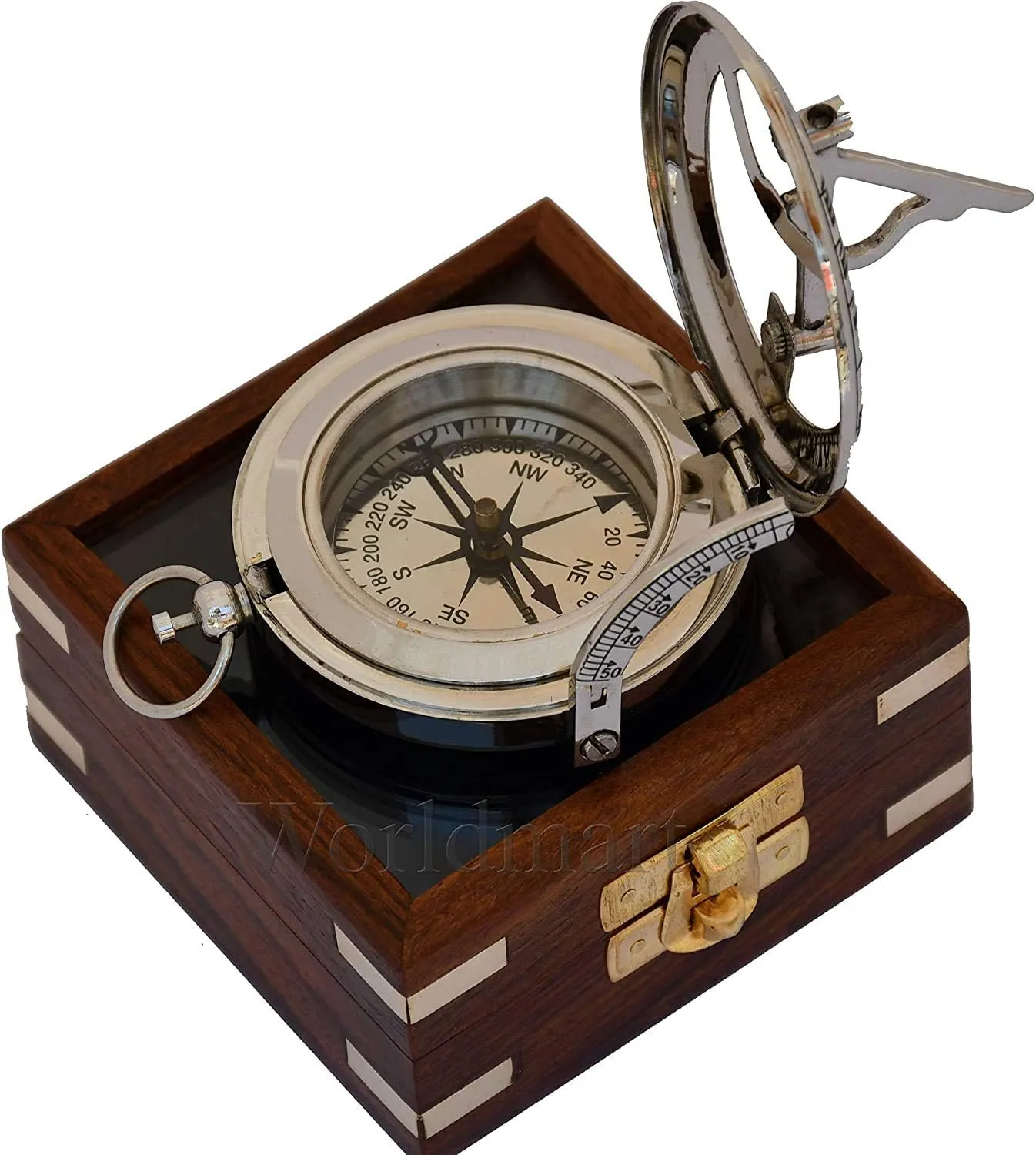Royalmart Brass Sundial Compass with Brass Strip Push Button Open Mechanism Vintage Compass Engraved Compass Steampunk Accessory