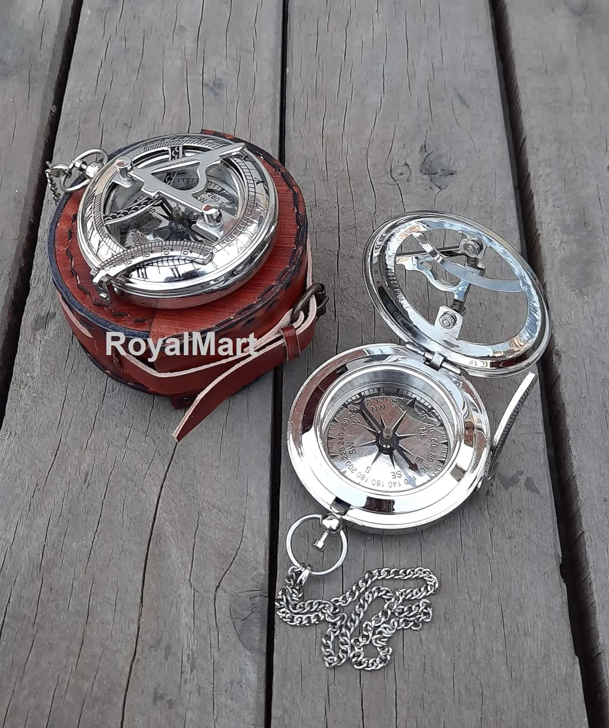 Royalmart Brass Sundial Compass with Brass Strip Push Button Open Mechanism Vintage Compass Engraved Compass Steampunk Accessory