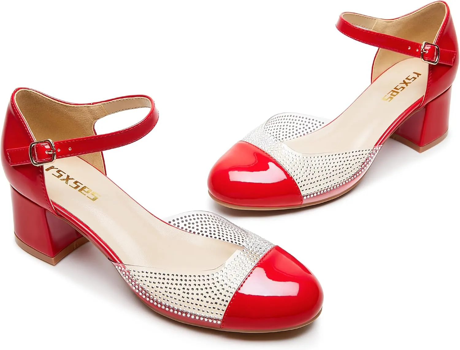 rsxses Closed Toe Low Heels Dress Shoes for Women 2 Inch Chunky Heel Pumps Ankle Strap Patent Leather Rhinestone Wedding Work Party Shoes