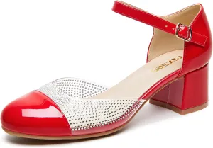 rsxses Closed Toe Low Heels Dress Shoes for Women 2 Inch Chunky Heel Pumps Ankle Strap Patent Leather Rhinestone Wedding Work Party Shoes